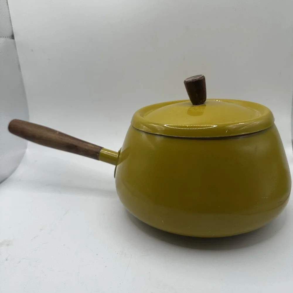 Vintage Enameled Metal Walnut Wood Handle Yellow Green Fondue Pot MCM